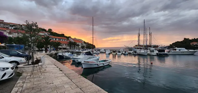 Evening light over boats in Račišće marina